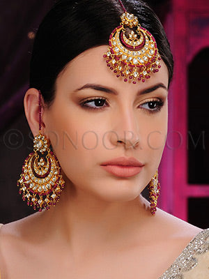 Kundan and ruby droplets Maang Tika and Earrings