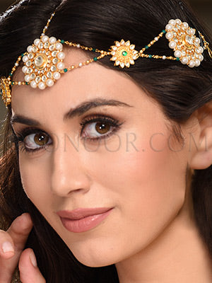 Huma Dull gold kundan pearl and green jade Matha Pati