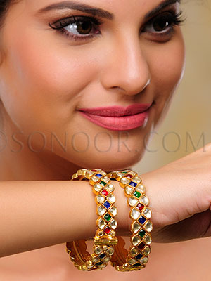 Dull gold finish kundan and jade stones Bangles