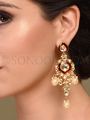 Tasu dull gold finish kundan, meena kari, Earrings