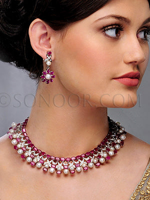 Suruchi Rhodium finish Cubic zircons, pearls, and red jade Necklace Set