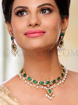 Gulnar Green onyx, pearls and kundan Necklace Set