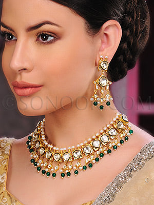 Zuha Kundan, pearls, meena kari, and green agate Necklace Set