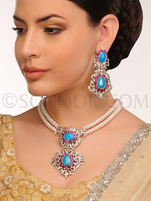 Mani Turquoise deep pink Cubic Zirconia Pendant Set