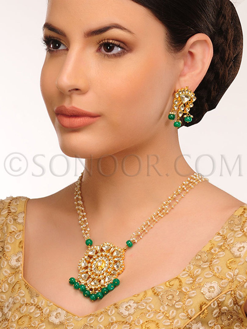 Kayya Kundan Green Drop Pendant Set