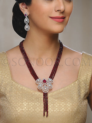 Sehar Rhodium finish cubic zircons and red jade stones Pendant Set