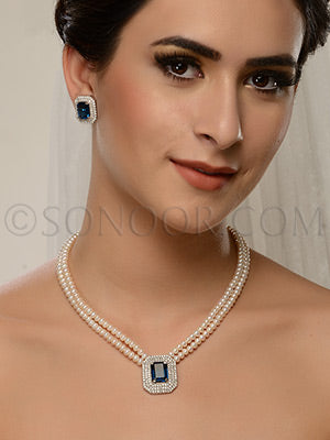 Cubic Zirconia, pearls and blue iolite Pendant Set