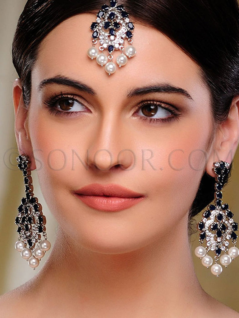 Cubic Zirconia Dark Blue Stone Maang Tika with Earrings