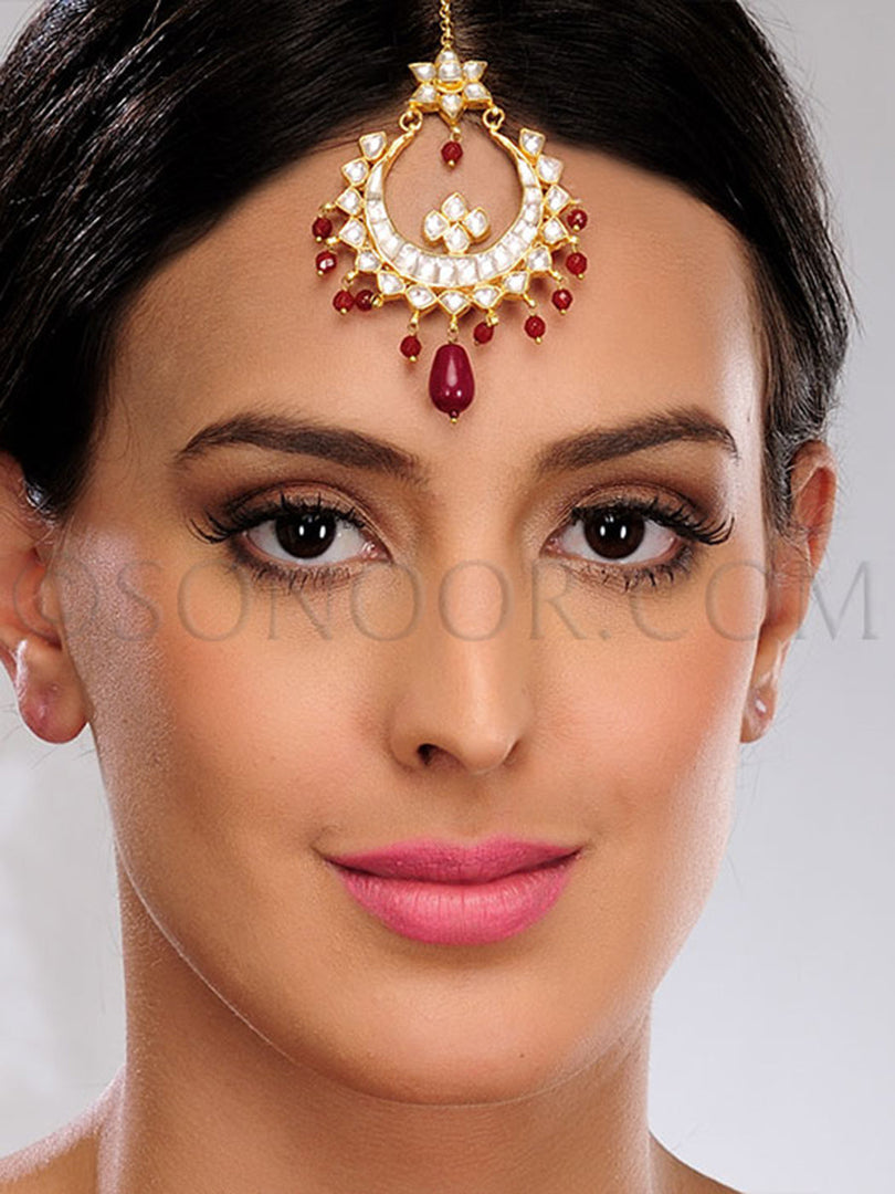 Kundan Maroon Stone Maang Tika