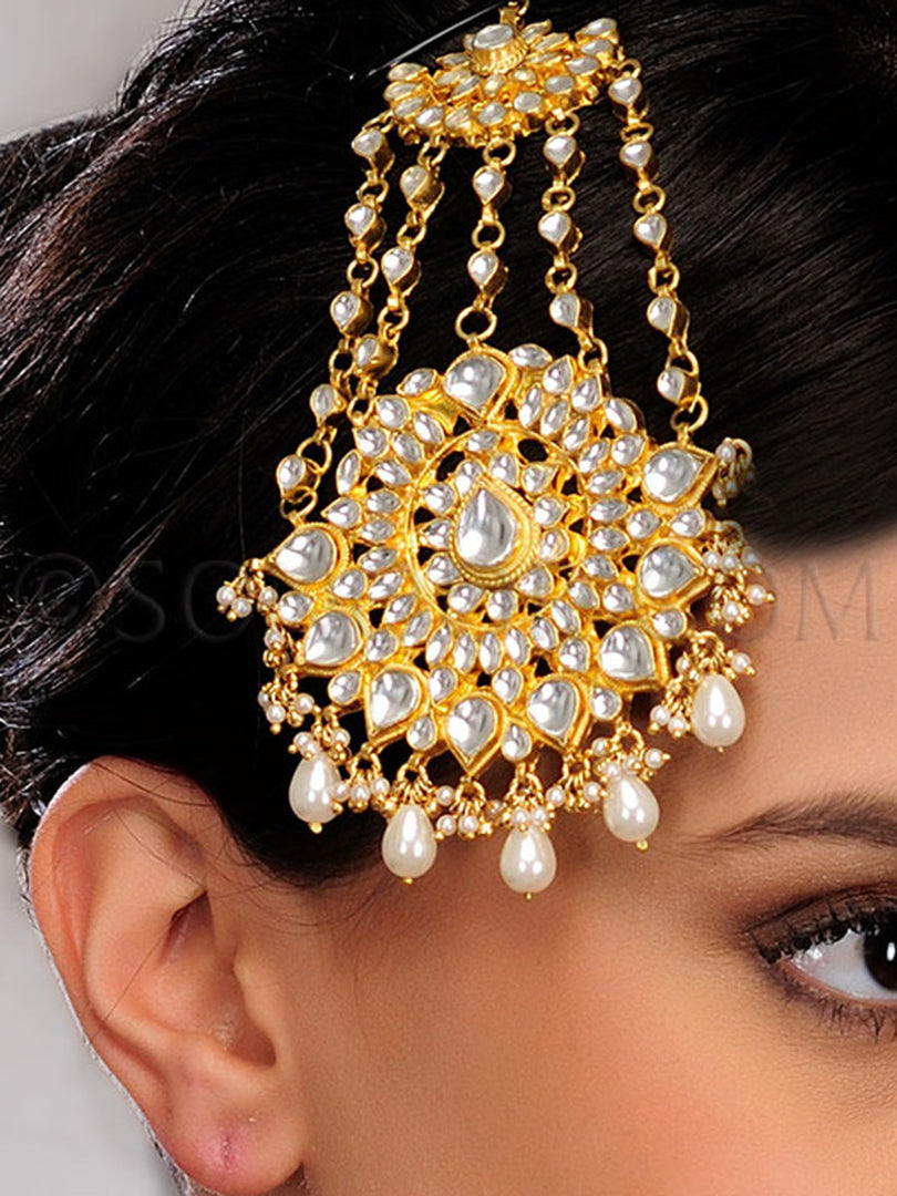 Gold Finish Kundan Pearl Drops Jhumar
