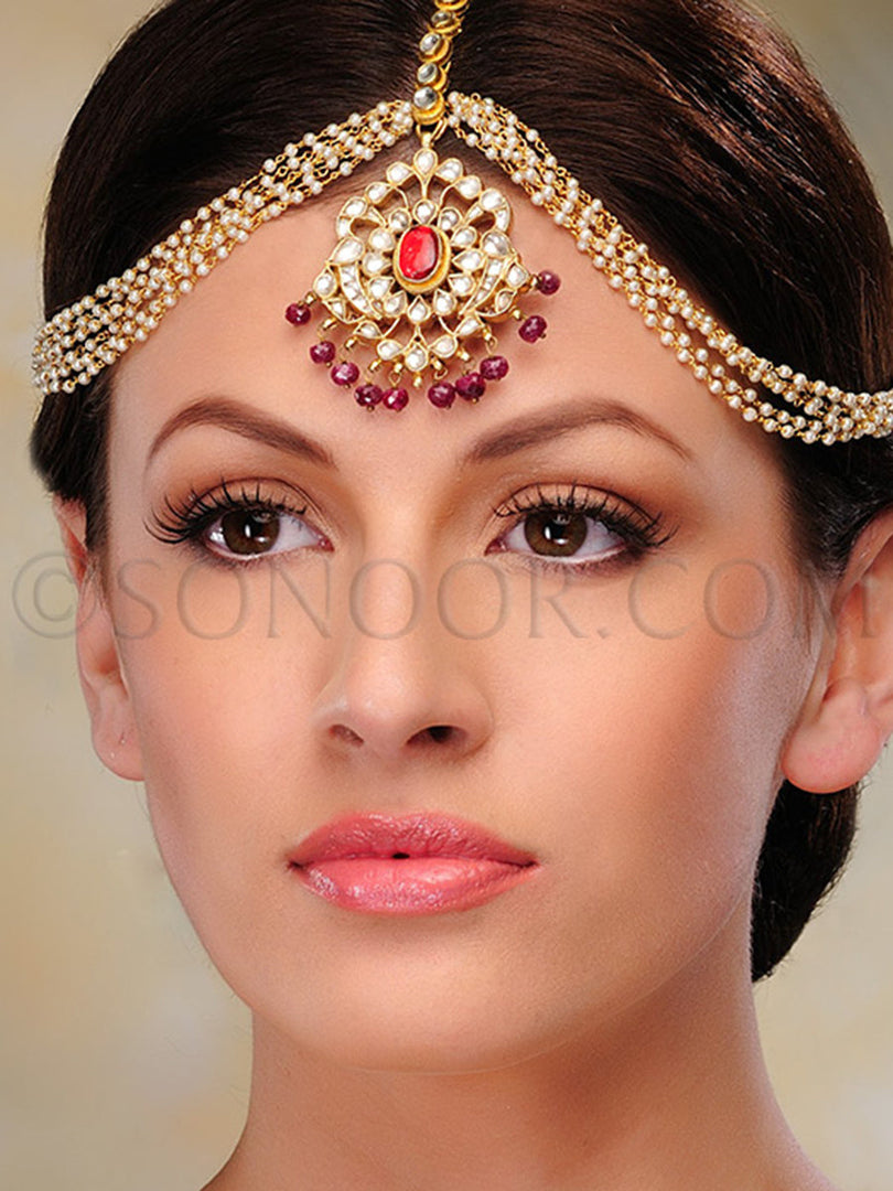 Kundan Ruby Pearl strings Matha Patti