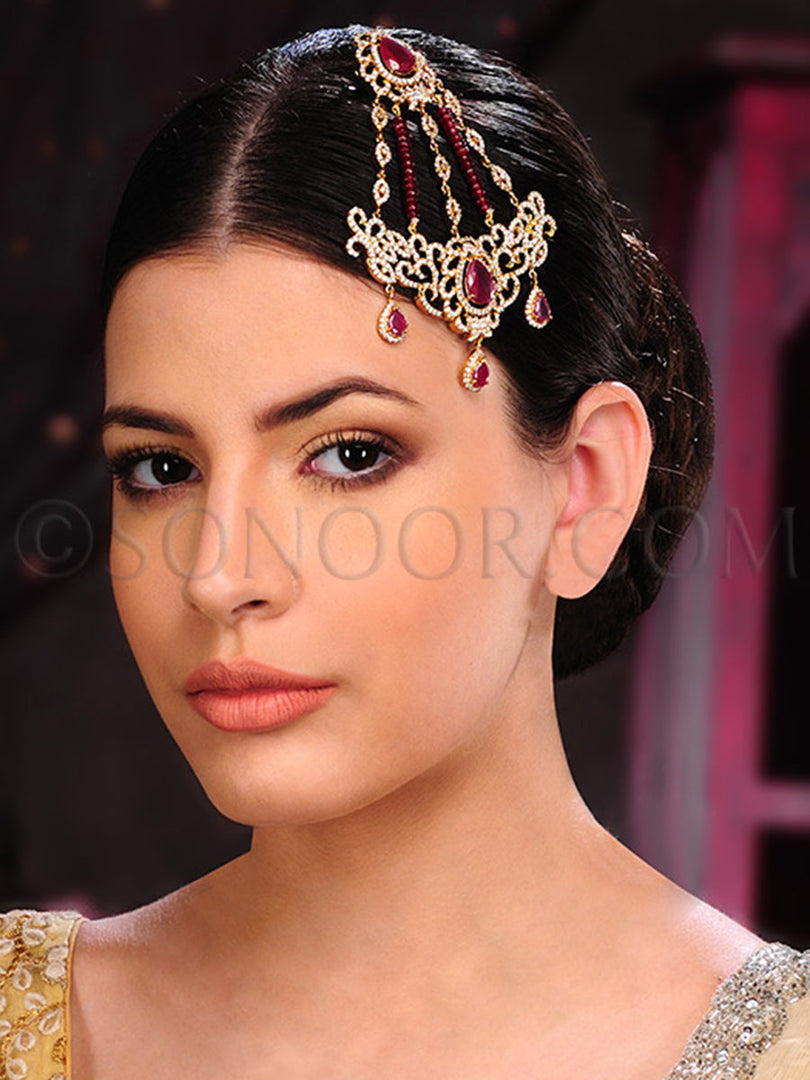 Gold Finish Cubic Zirconia Red Stone Jhumer