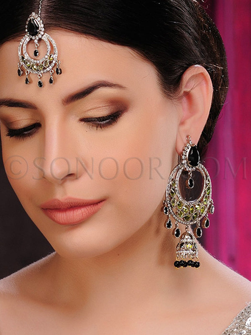 Victorian Black Stone Maang Tika With Earrings