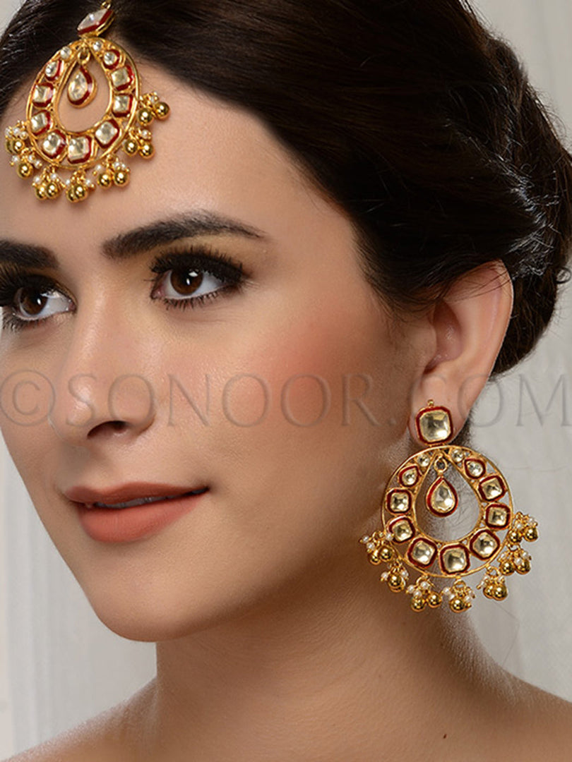 Kundan Jade Pearl Drop Maang Tika With Earrings