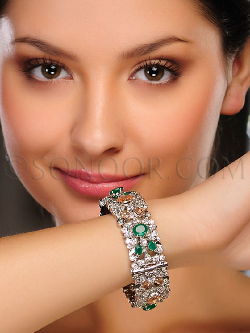 Victorian Cubic Zirconia Green Jade Broad Kada