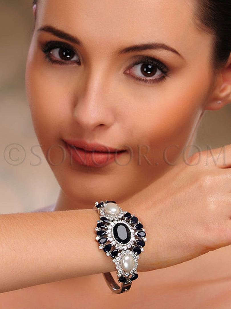 Nitya Blue Stone Pearl Handcrafted Single Kada