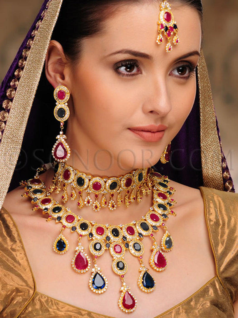 Gulnaz Red Blue Stone Choker Bridal Set