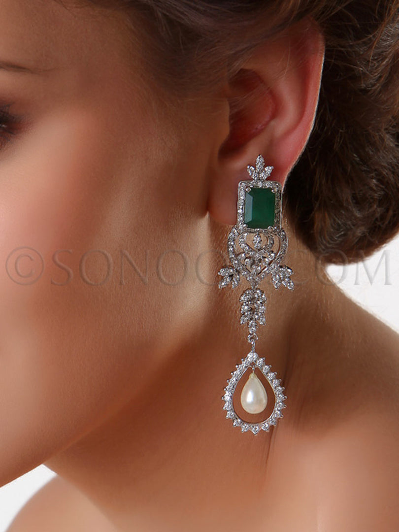 Green Jade Cubic Zirconia pearl drop Earrings