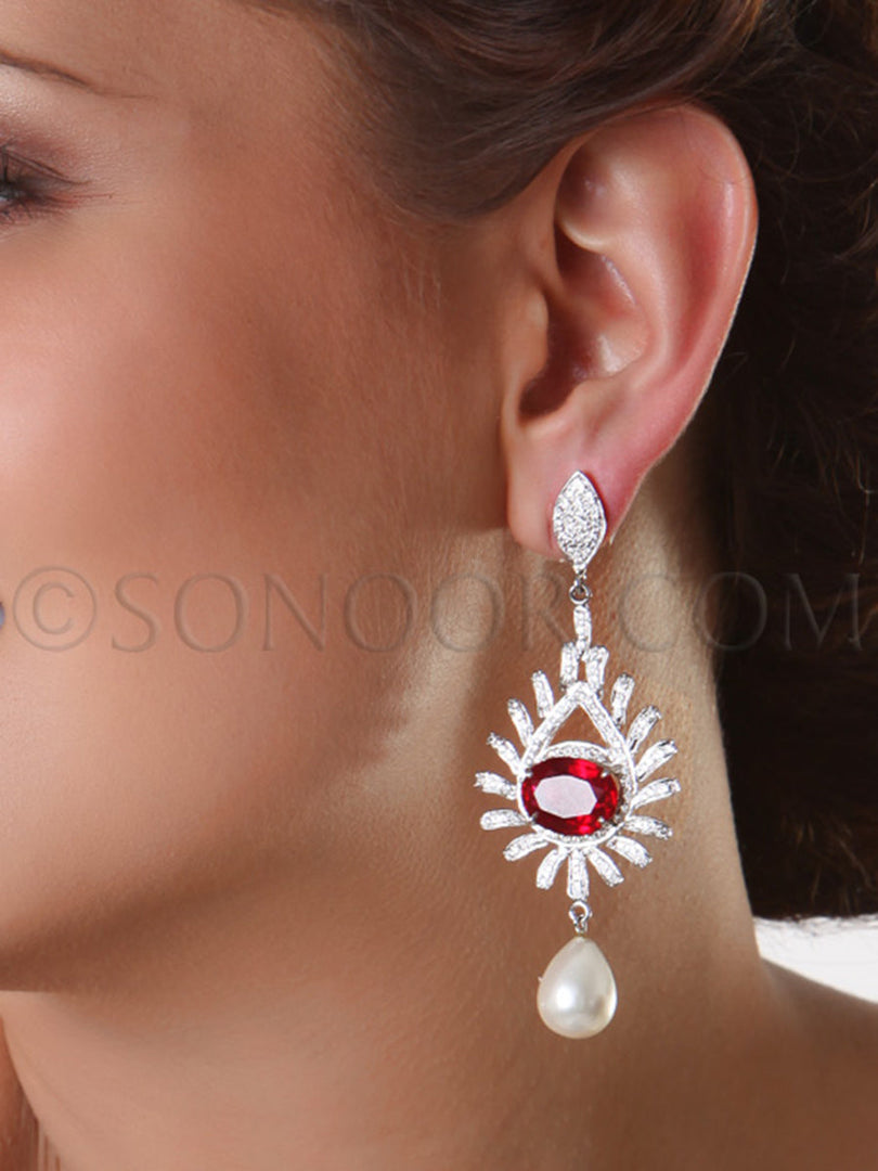 Cubic Zirconia Ruby pearl drop long Earrings