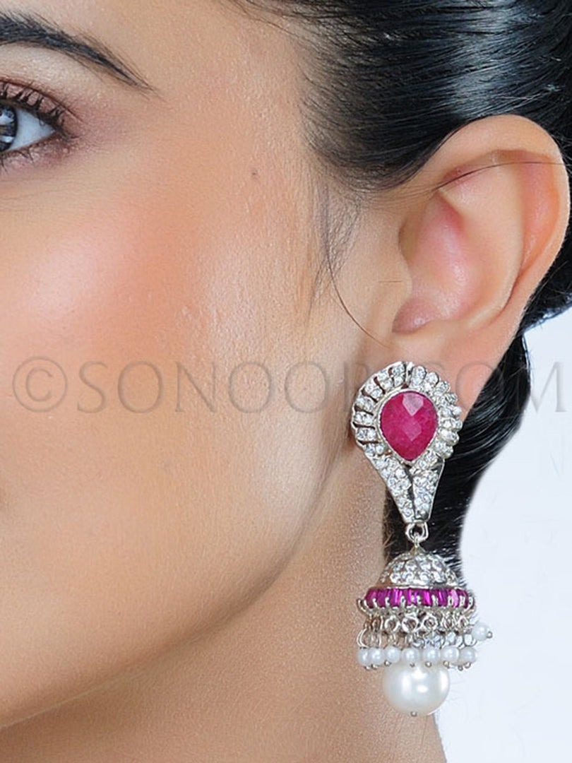 Silver Finish Cubic Zirconia Red Stone Jhumka