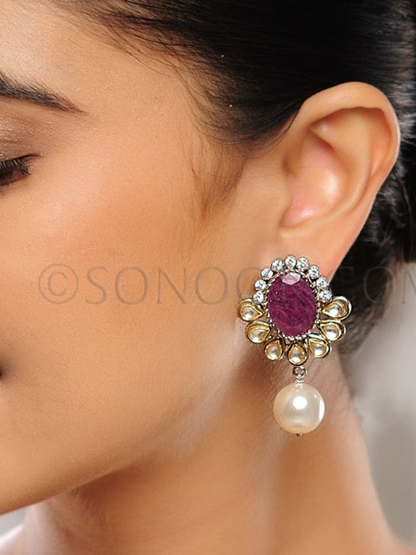 Anshila Ruby Kundan Pearl Drop Studs