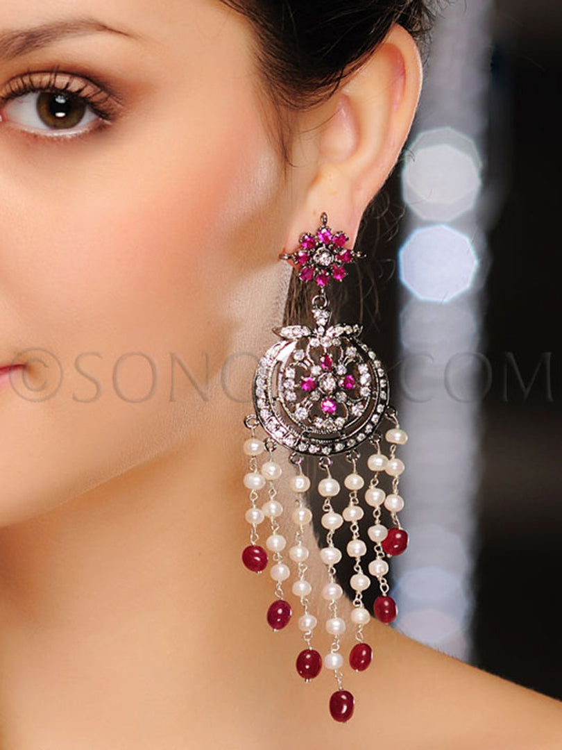Lina Victorian Cubic Zirconia Pearl Red Jade Earrings