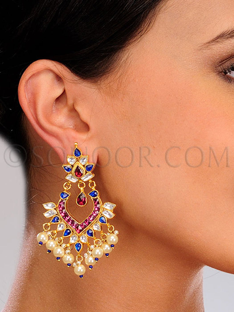 Elma Kundan Blue & Red Earrings