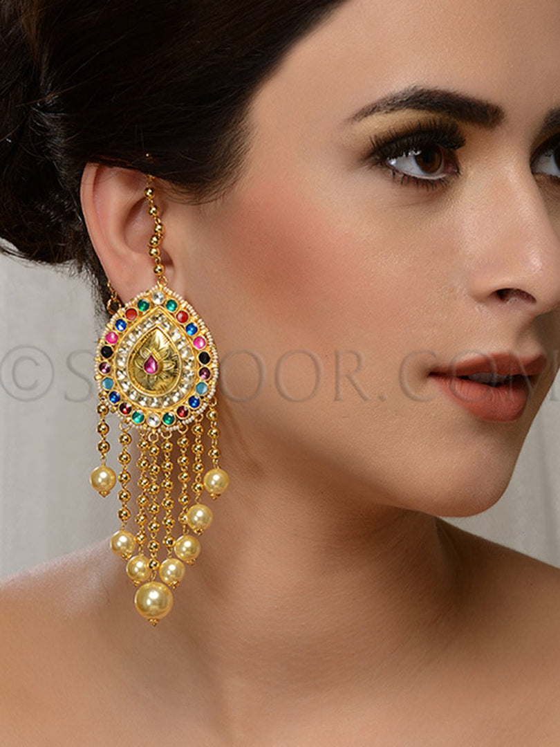 Kundan Pearl Navratan Earrings