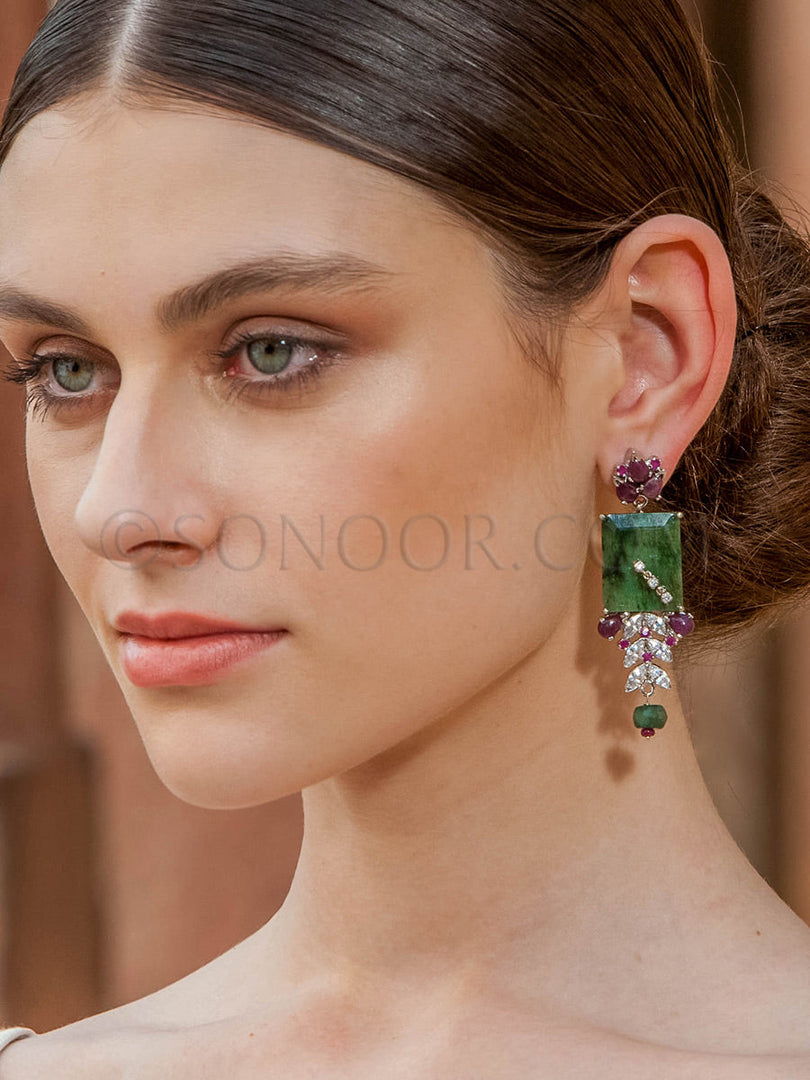 Victorian Cubic Zirconia Green Jade Earrings