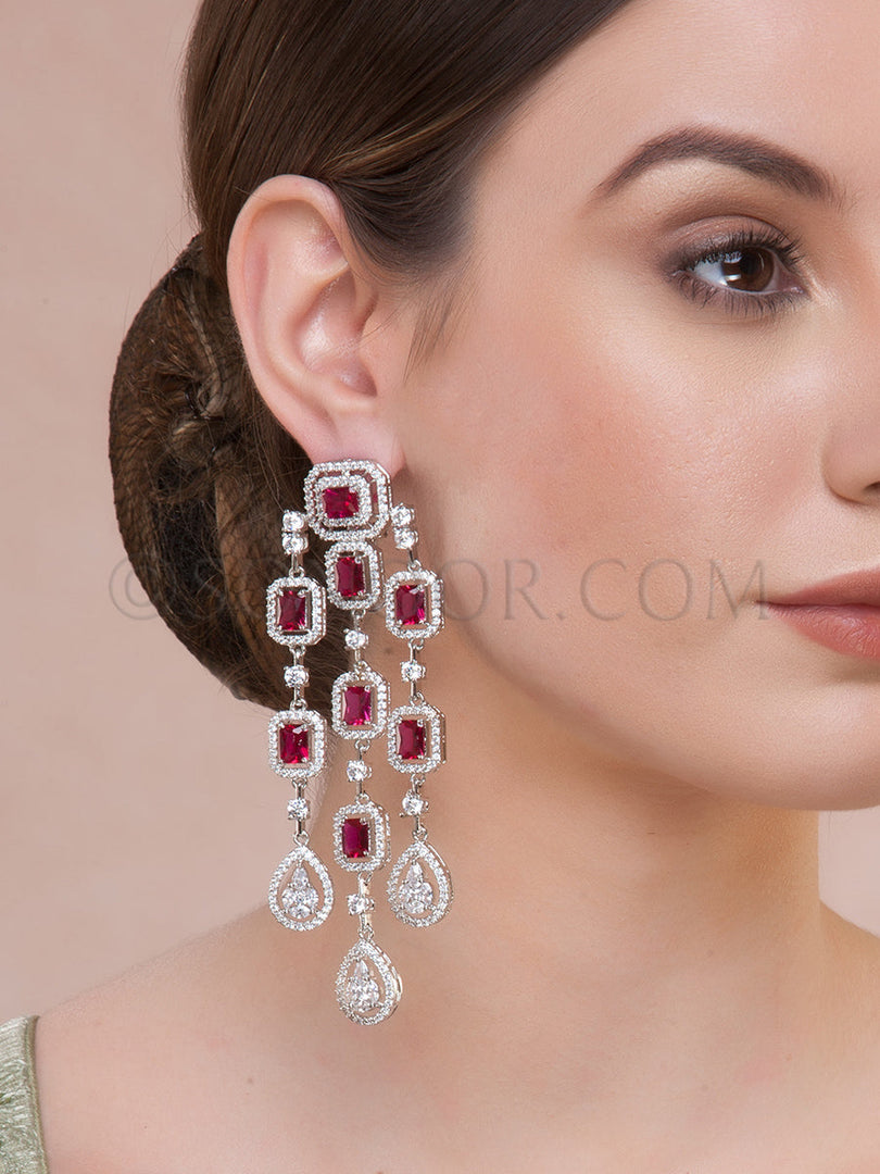 Cubic Zirconia Red Jade Long Earrings