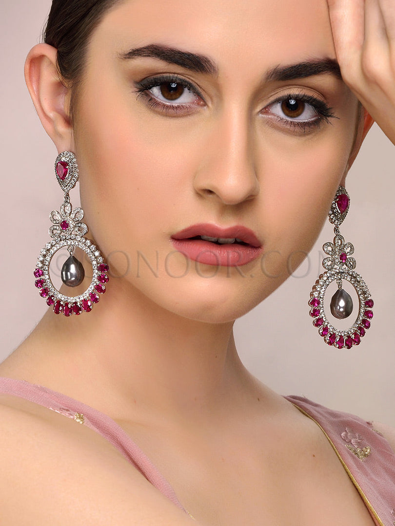 Victorian Cubic Zirconia Red Stone Handcrafted Earrings