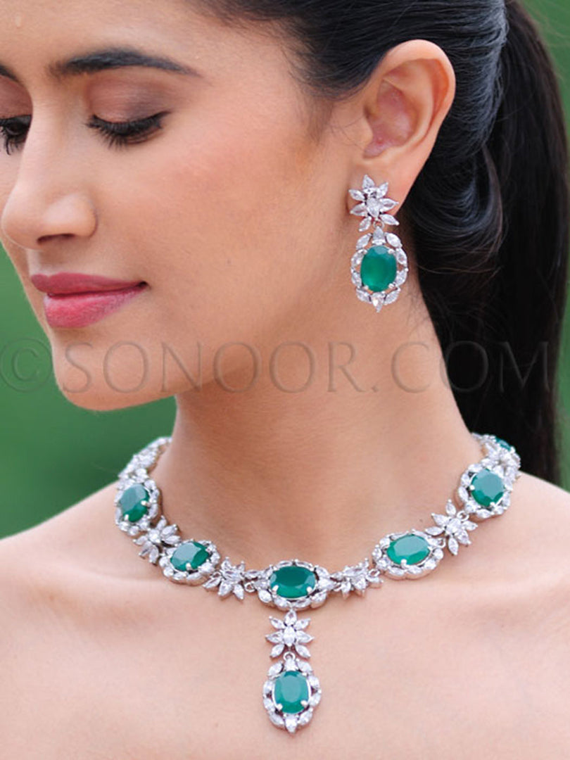 Shiuli Cubic Zirconia Stone Green Jade Necklace Set
