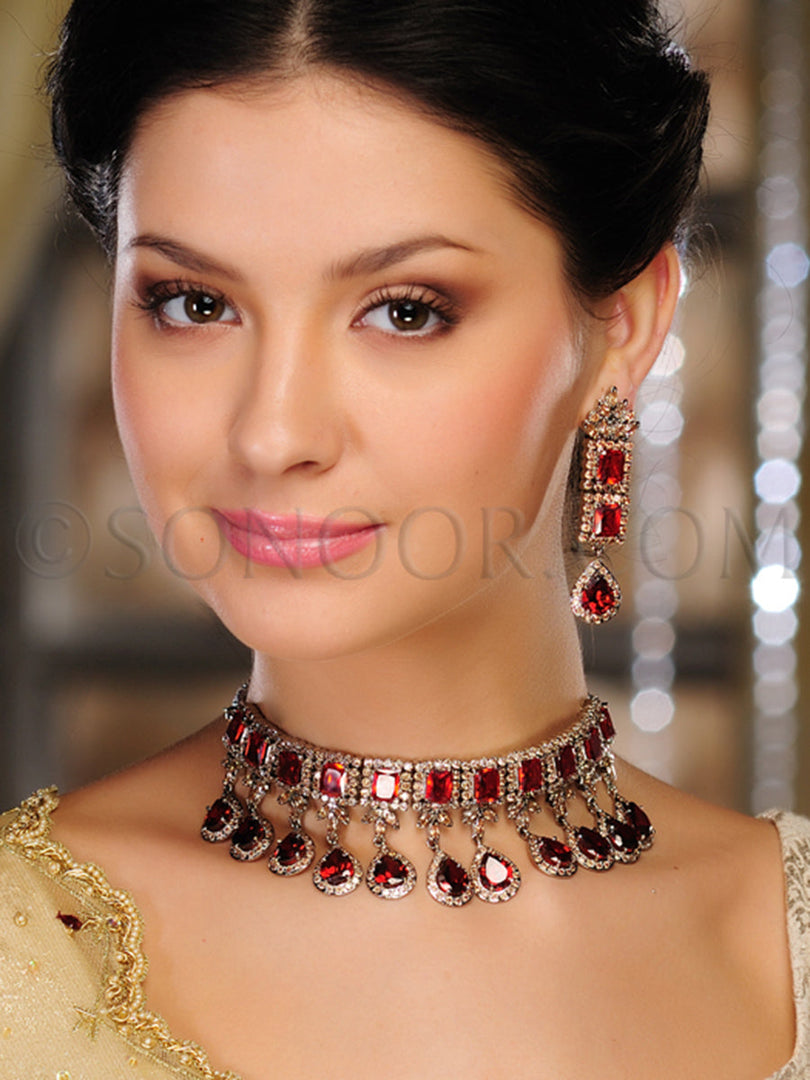 Edha Victorian Cubic Zirconia Garnet Choker Necklace Set