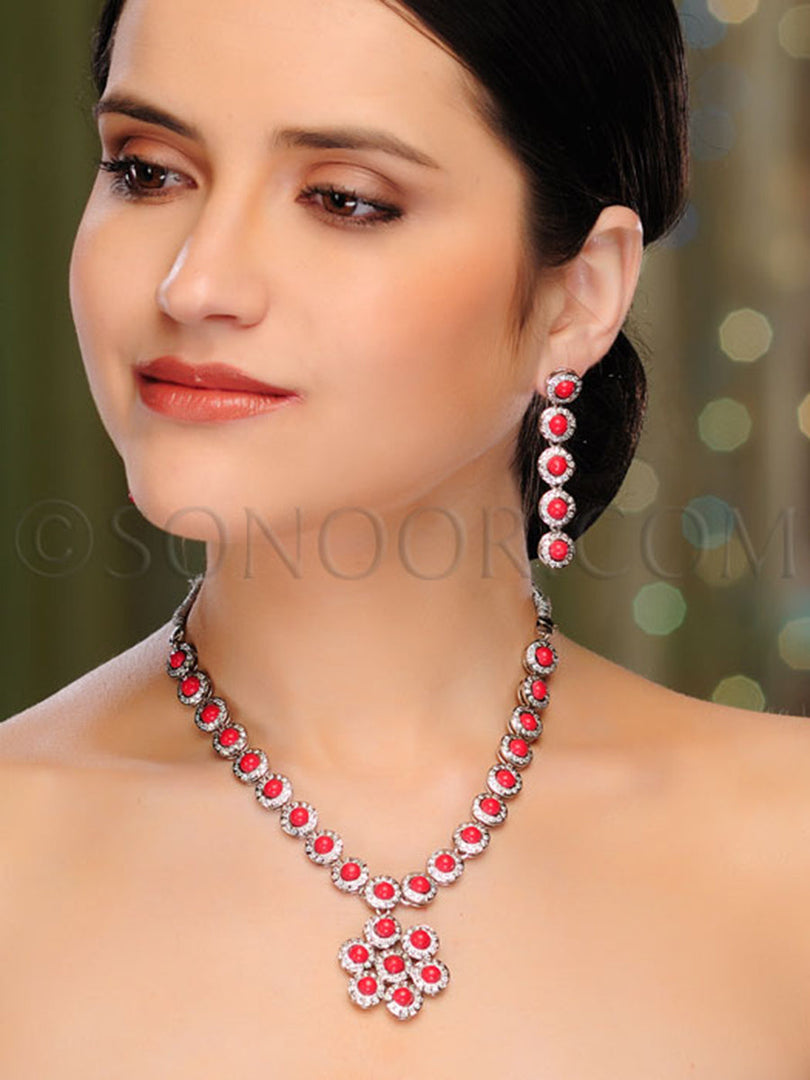 Rachita Cubic Zirconia Red Coral Necklace Set