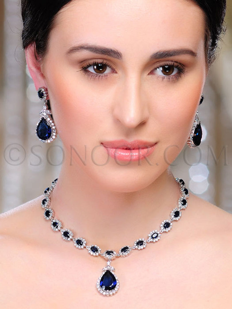 Zuni Silver Finish Cubic Zirconia Blue Stone Necklace Set