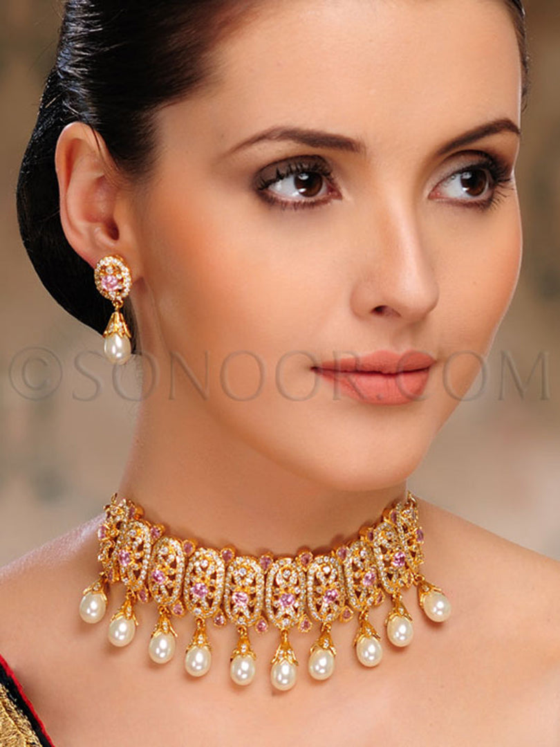Chanchan Cubic Zirconia Pearl Drop Choker Necklace Set