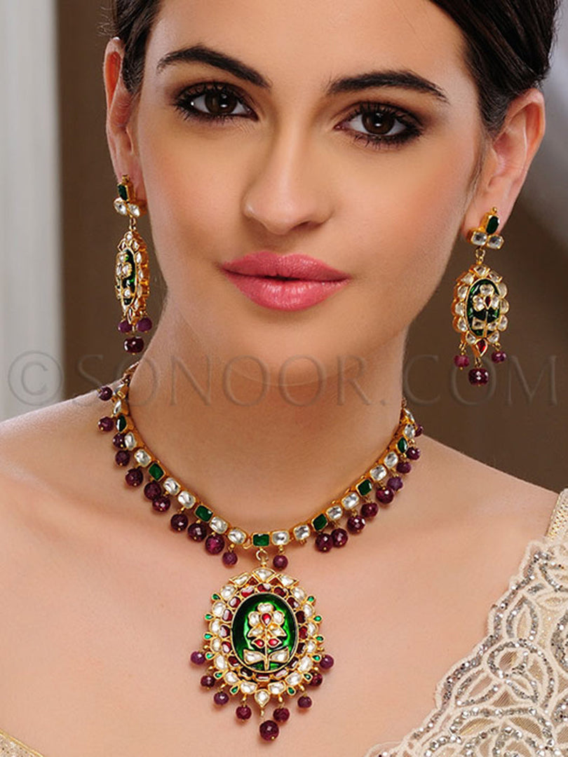 Neriya Antique Meena Kari Kundan Necklace Set
