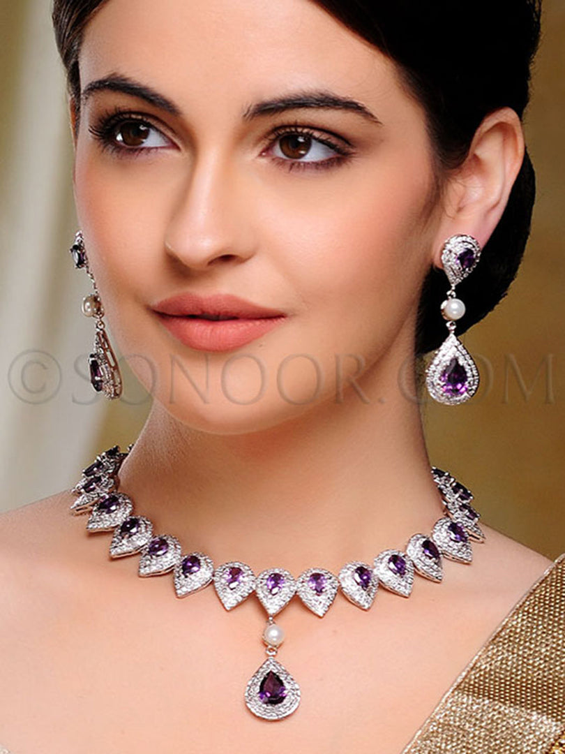 Chevi Rhodium Cubic Zirconia Stone Necklace Set