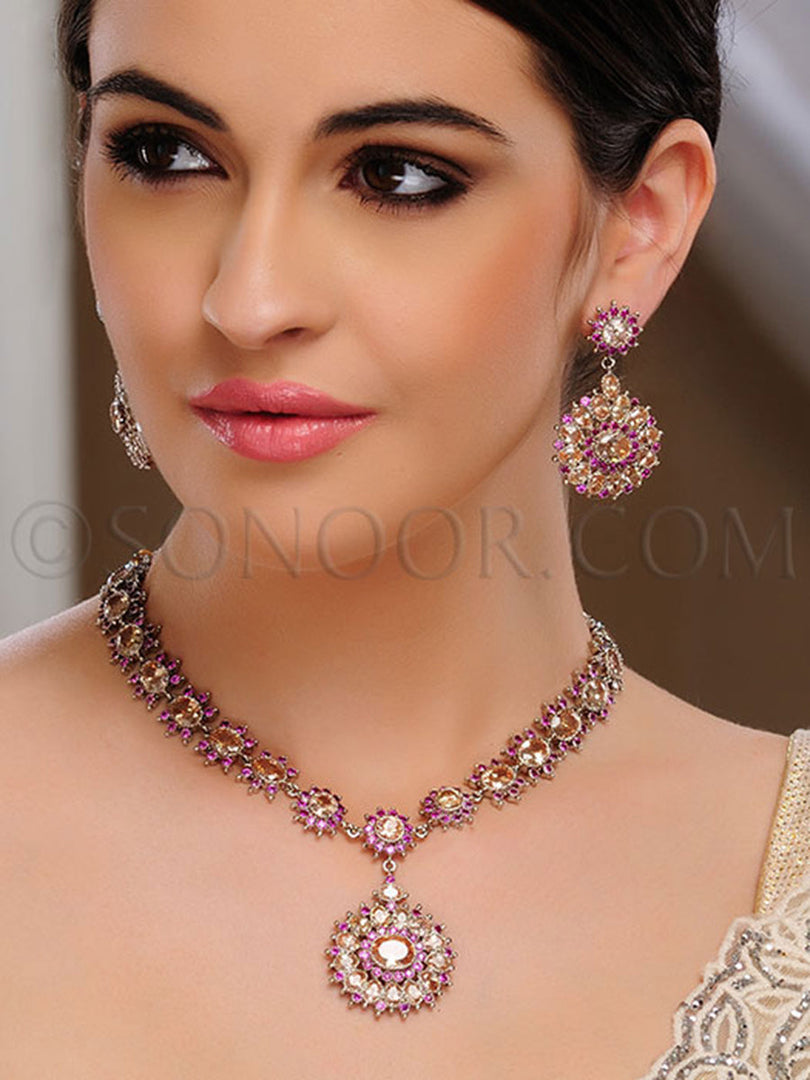 Vishi Victorian Pink Cubic Zirconia Necklace Set