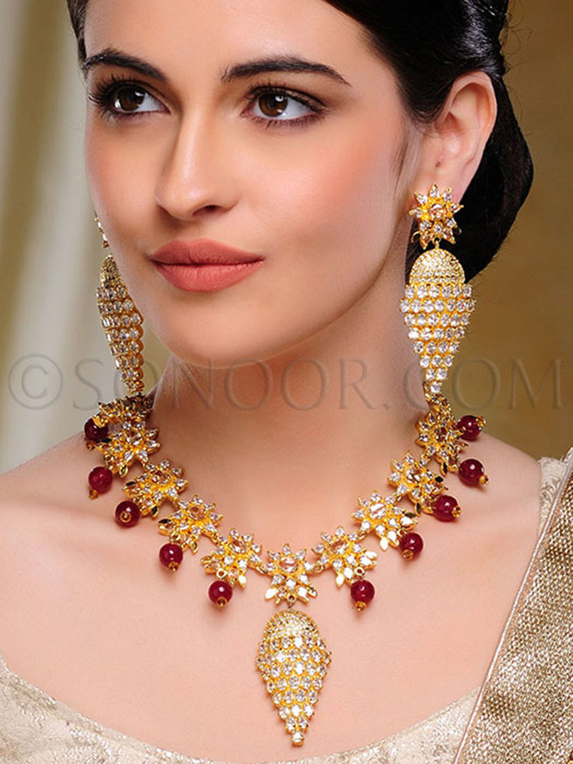 Arika White Cubic Zirconia Jade Beads Necklace Set