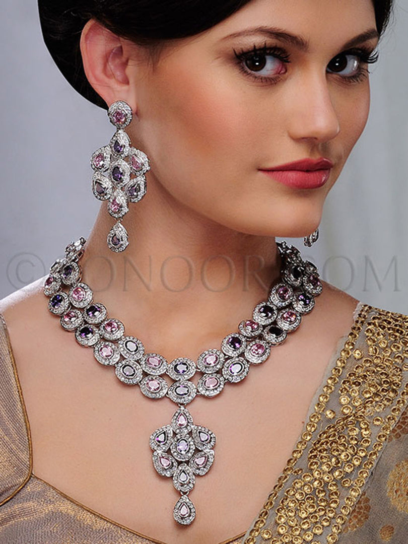 Yuvni Rhodium Finsh Cubic Zirconia Necklace Set