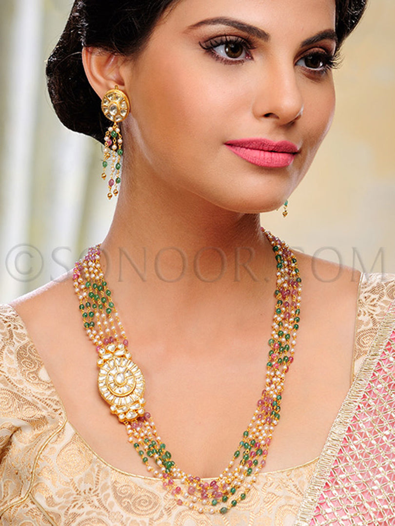 Zavi Gold Plated Long Pearl String Necklace Set