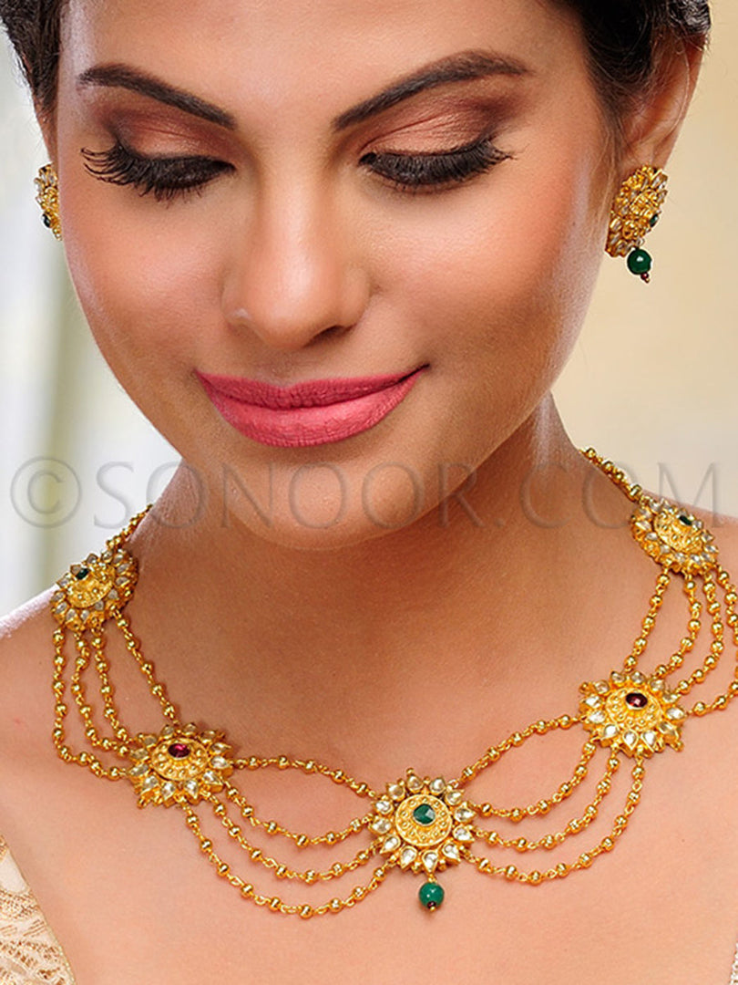 Razi Antique Gold Plated Kundan Necklace Set