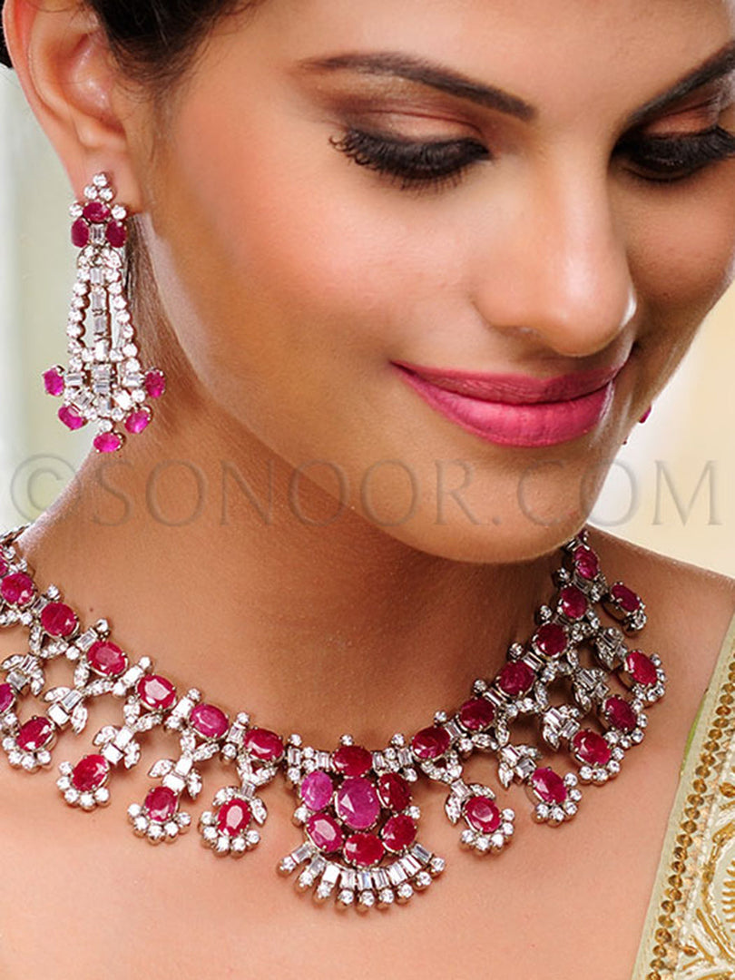 Yogini Silver Finish Ruby Cubic Zirconia Necklace Set