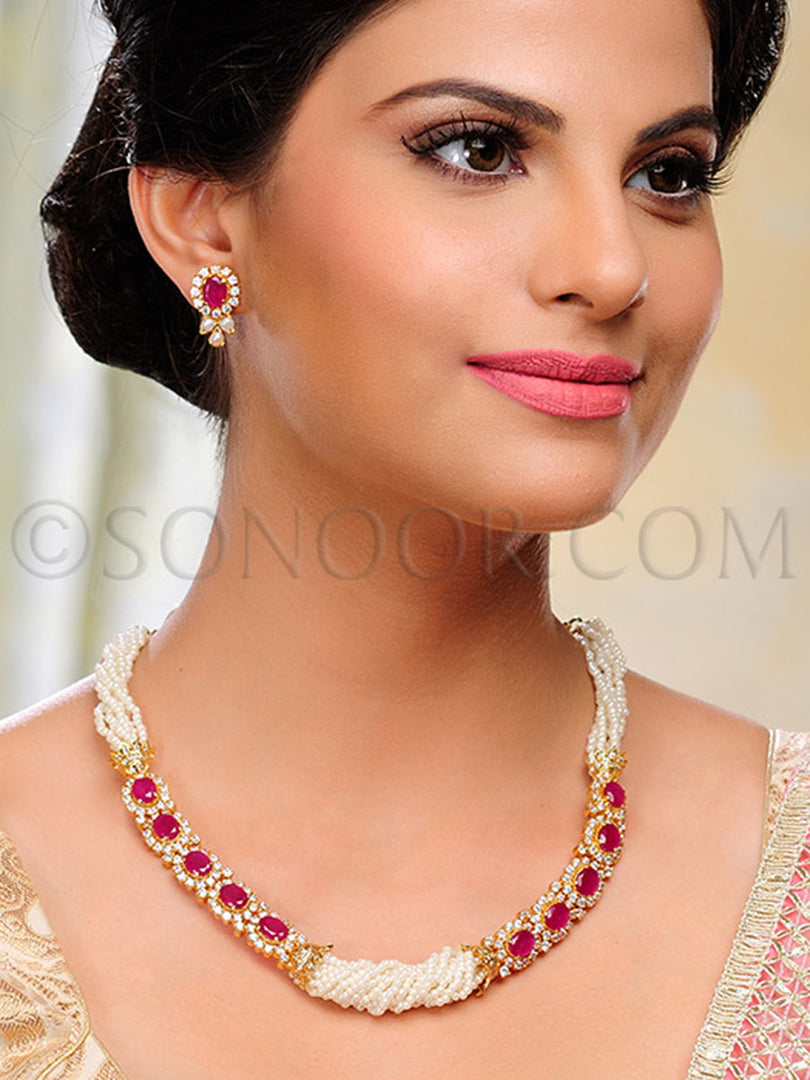 Virika Gold Plated Cubic Zirconia Pearl String Necklace Set