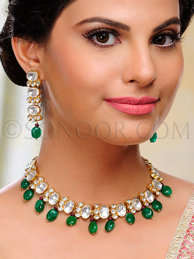 Kavya Gold Plated Kundan Green Stone Necklace Set