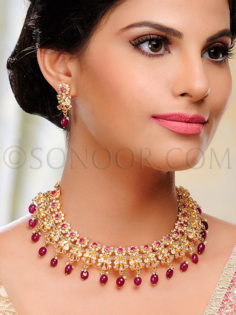 Kanru Gold Finish Polki Zircon Necklace Set