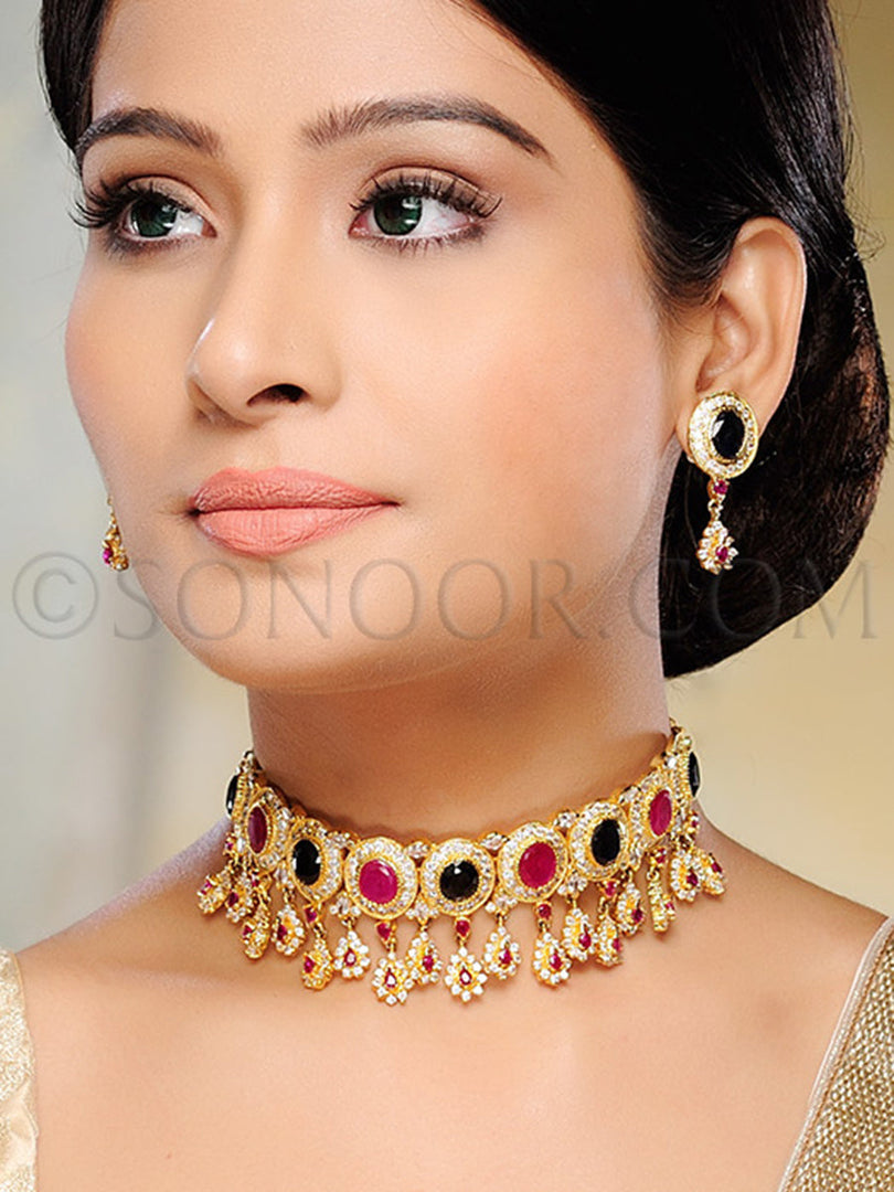 Tanima Gold Finish Black Red Stone Choker Necklace Set