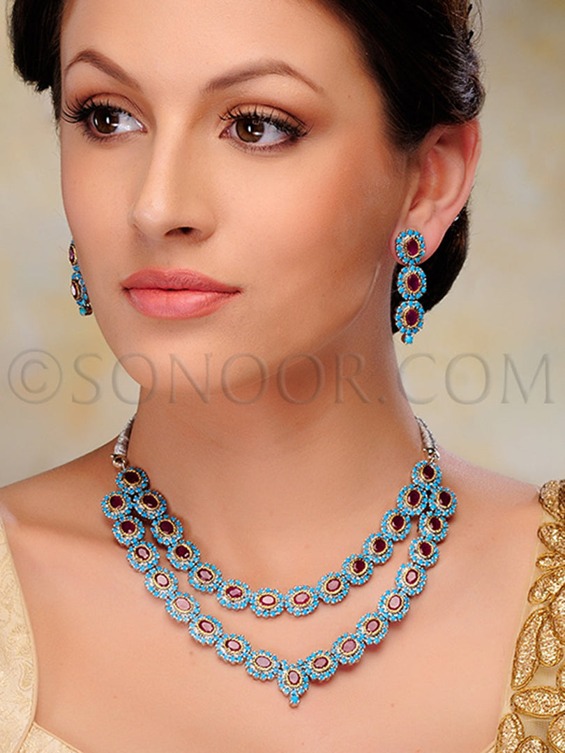 Mahek Silver Finish Blue Red Stone Necklace Set
