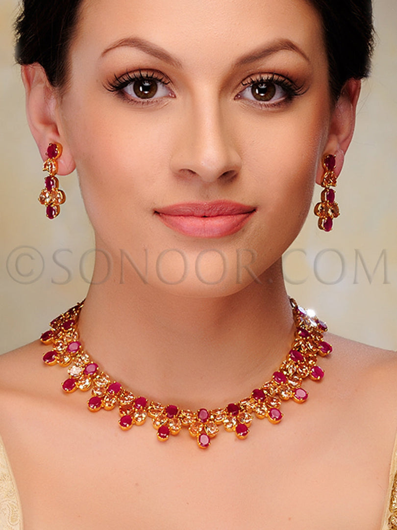 Pachi Gold Finish Red Stone Necklace Set
